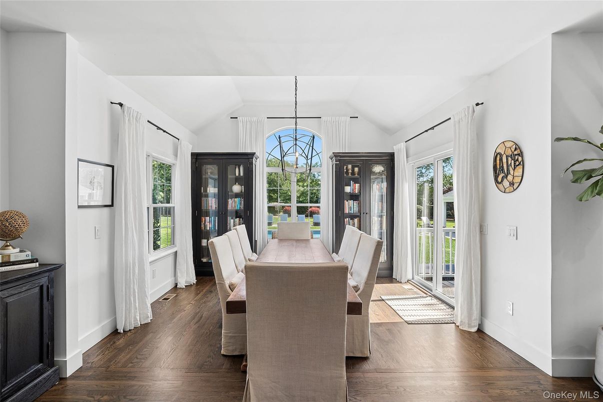 Dining room, Interior, Pendant Lights, Wood Texture Flooring