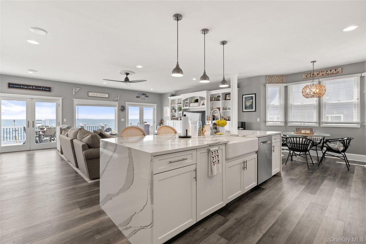 Dining room, Interior, Kitchen, Living room, Pendant Lights, Recessed Lighting, Water, Wood Texture Flooring