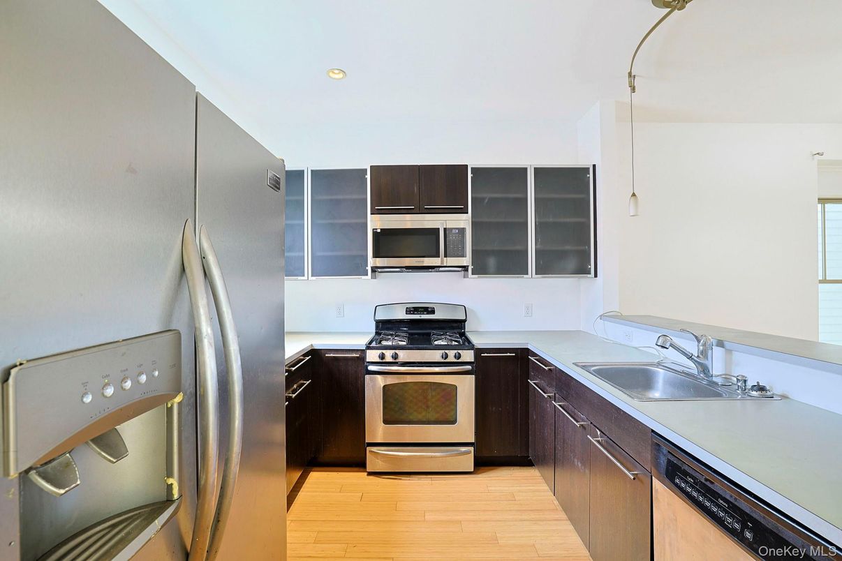 Interior, Kitchen, Recessed Lighting, Stainless Steel Appliances, Wood Texture Flooring