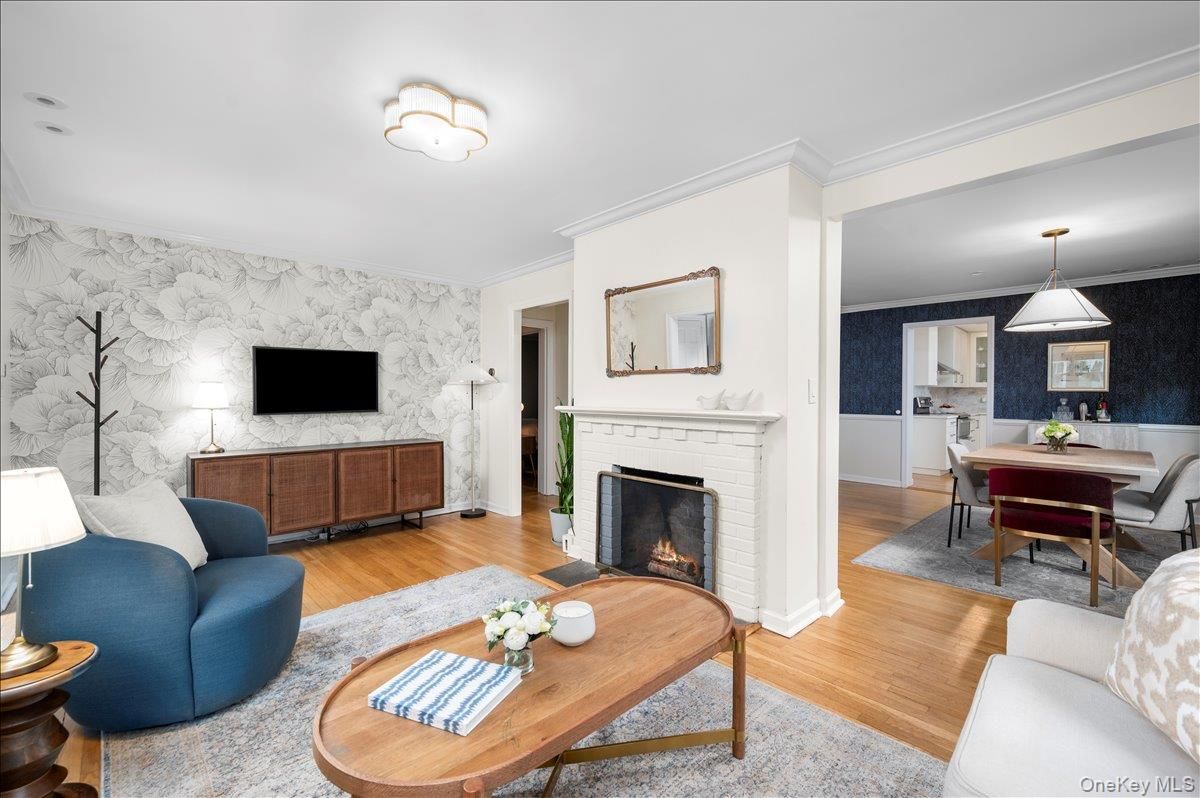 Dining room, Fireplace, Interior, Living room, Pendant Lights, Wood Texture Flooring