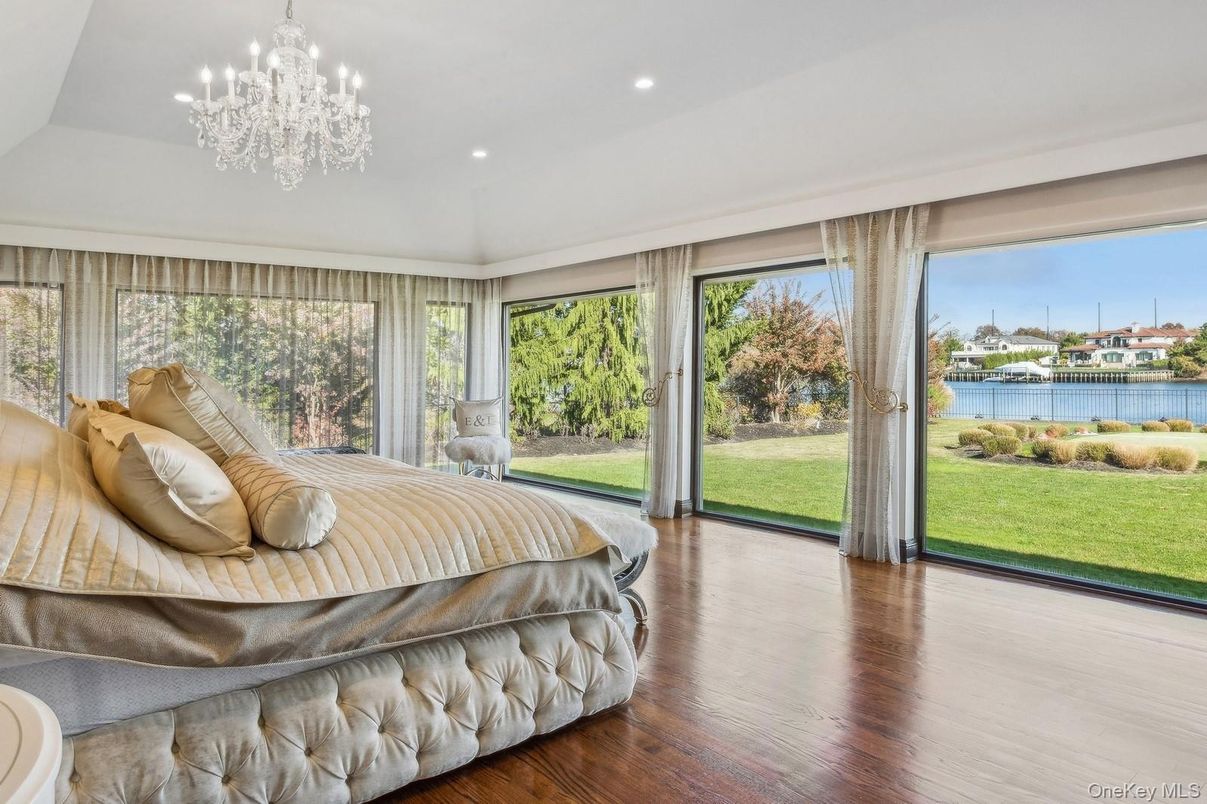 Bedroom, Chandelier, Interior, Recessed Lighting, Wood Texture Flooring
