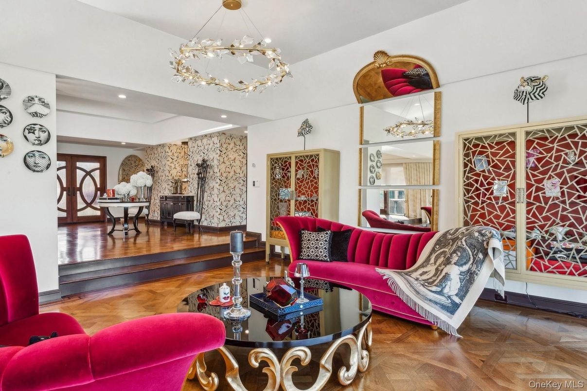 Chandelier, Fireplace, Interior, Living room, Pendant Lights, Recessed Lighting, Wood Texture Flooring