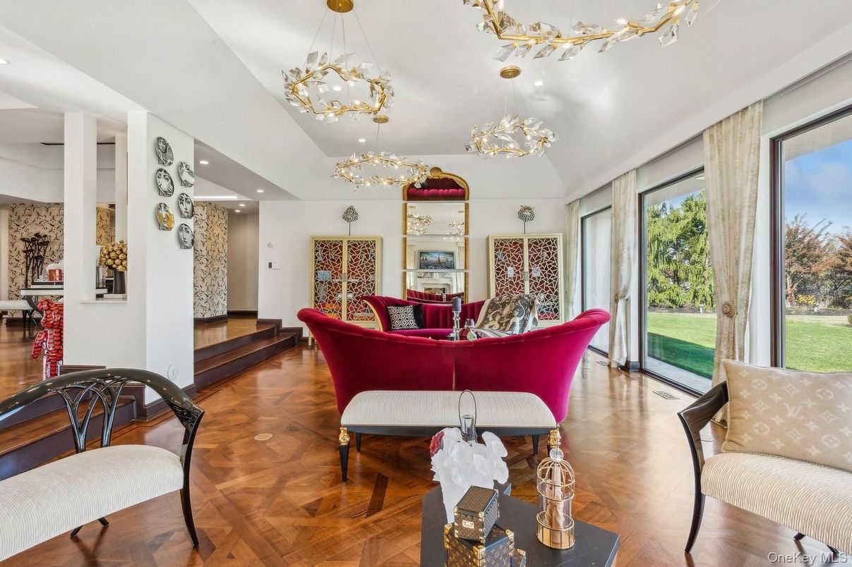 Chandelier, Fireplace, Interior, Living room, Pendant Lights, Recessed Lighting, Wood Texture Flooring