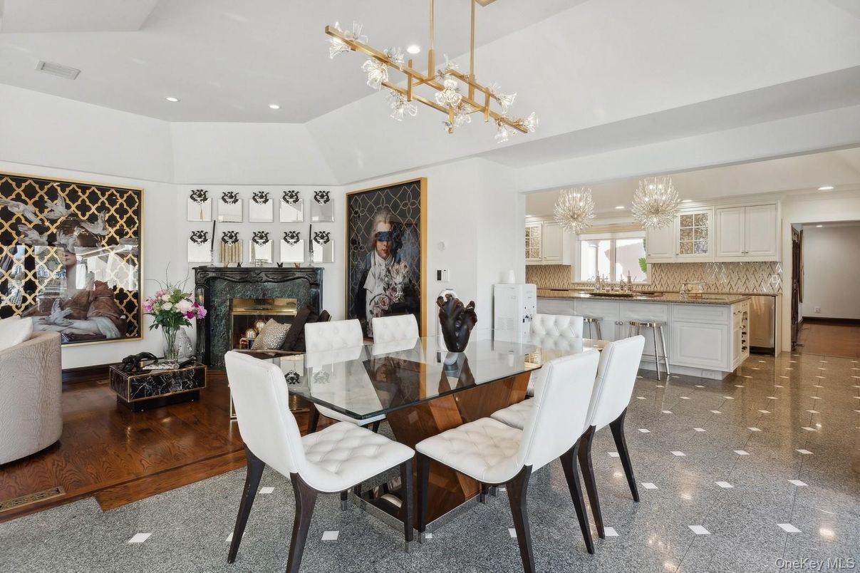 Chandelier, Dining room, Fireplace, Interior, Kitchen, Pendant Lights, Recessed Lighting, Wood Texture Flooring