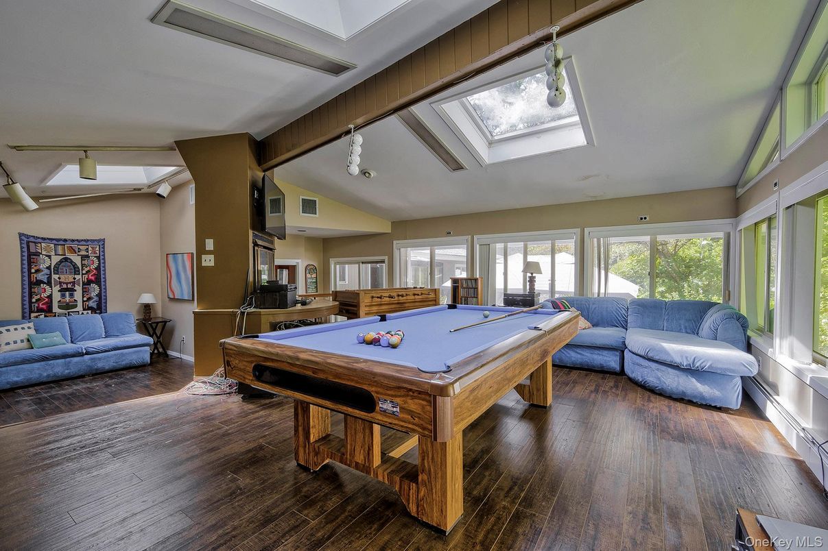 Billiard Table, Game Room, Interior, Pendant Lights, Wood Texture Flooring