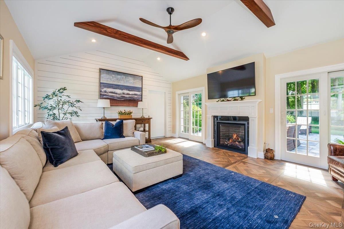Fireplace, Interior, Living room, Recessed Lighting, Wooden Beams, Wood Texture Flooring