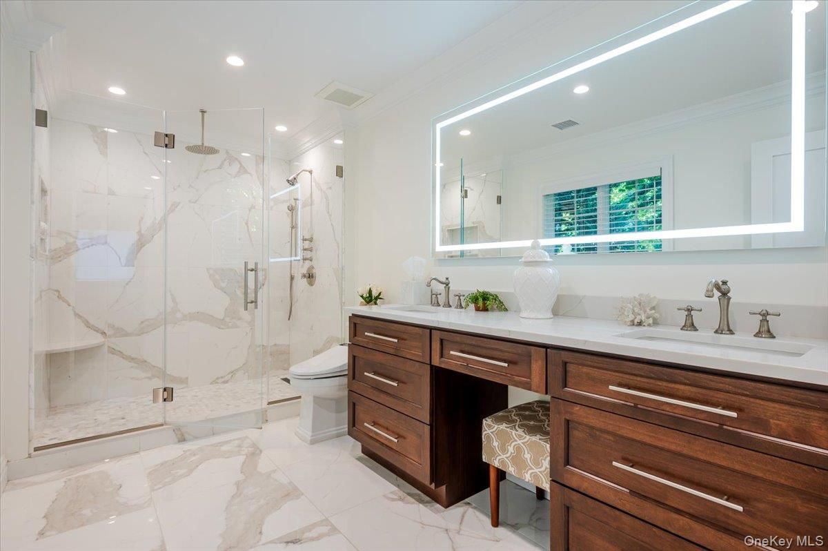 Bathroom, Dual Sink Vanities, Glass Shower, Interior, Marble, Marble Walls, Recessed Lighting