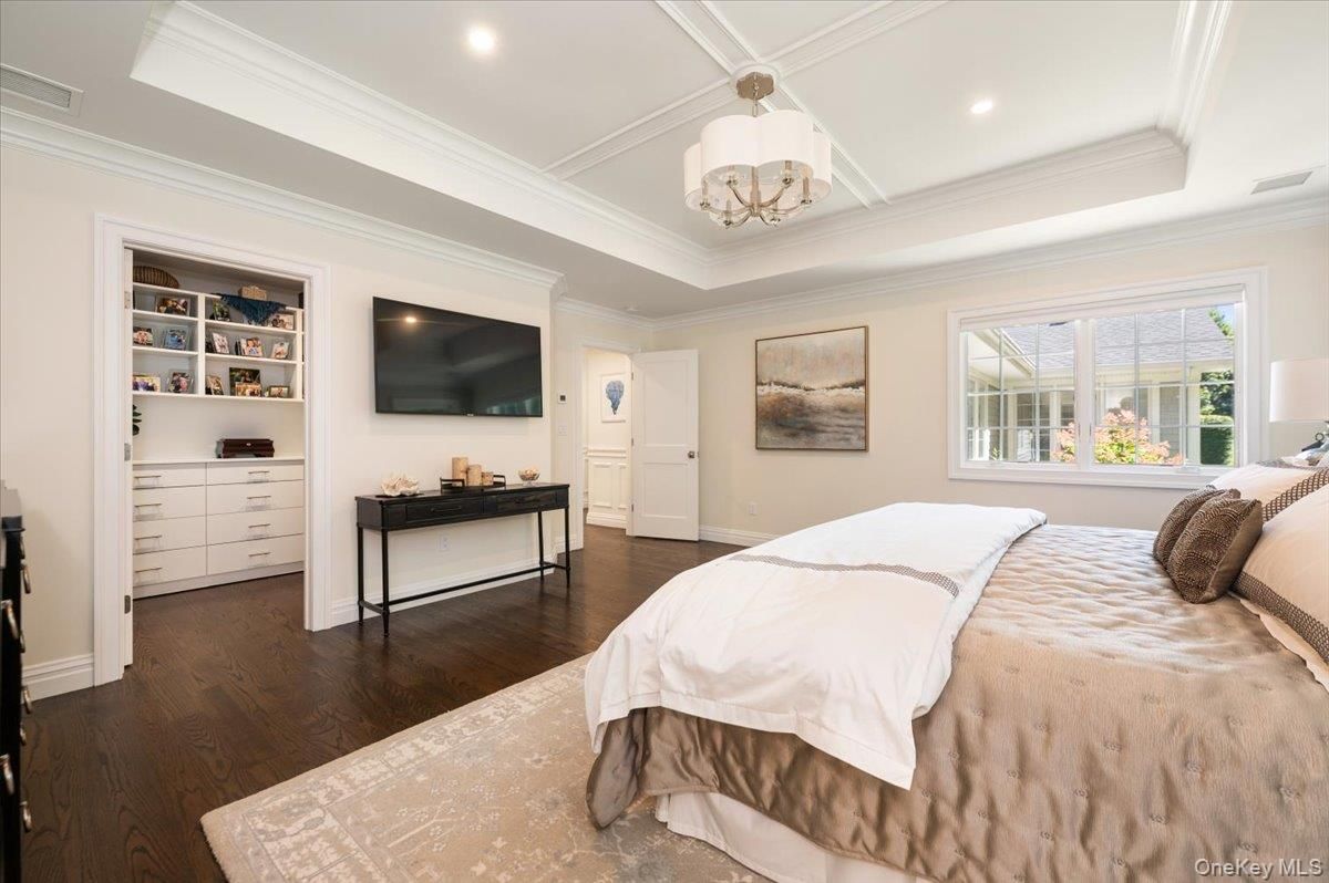 Bedroom, Chandelier, Interior, Recessed Lighting, Wood Texture Flooring