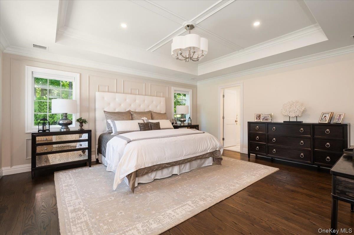 Bedroom, Chandelier, Interior, Recessed Lighting, Wood Texture Flooring
