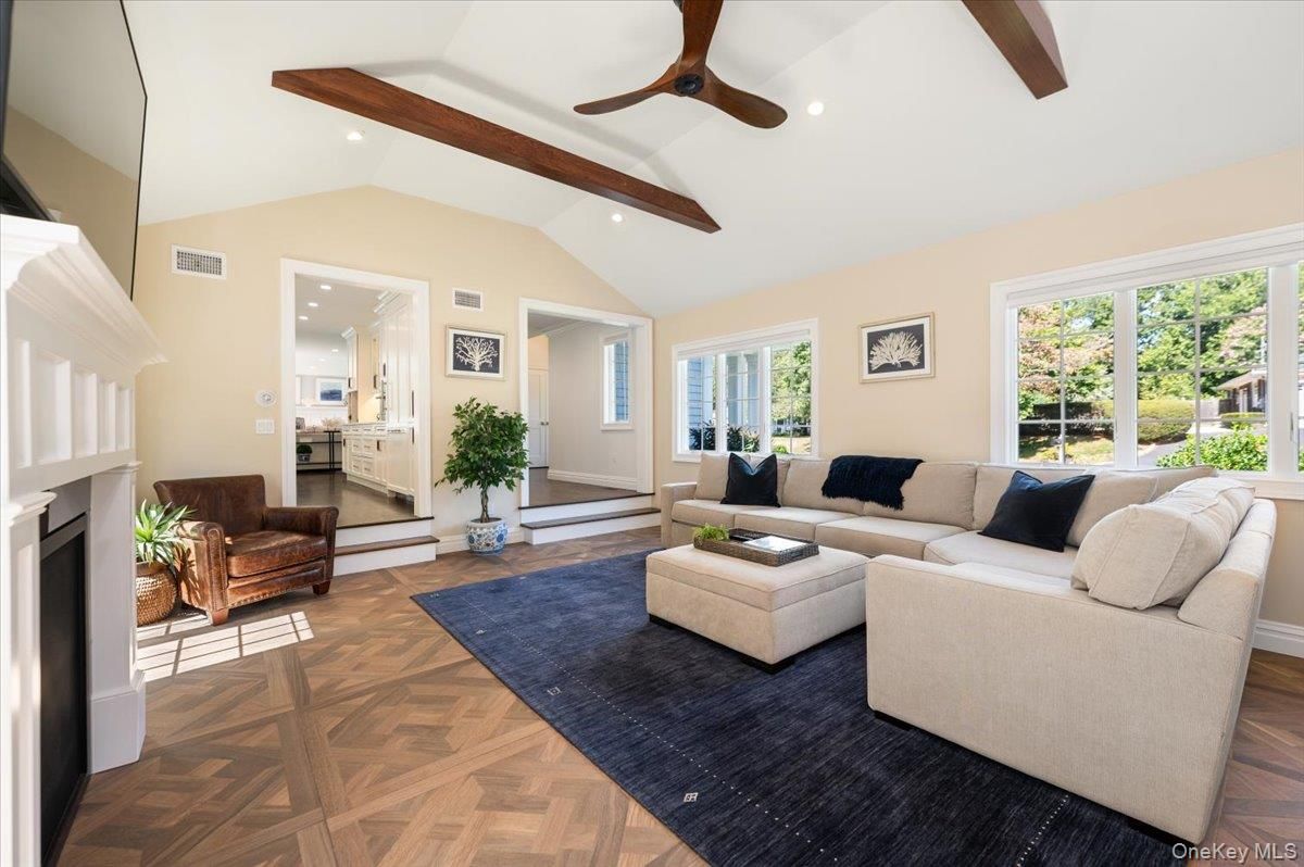 Fireplace, Interior, Living room, Recessed Lighting, Wooden Beams, Wood Texture Flooring