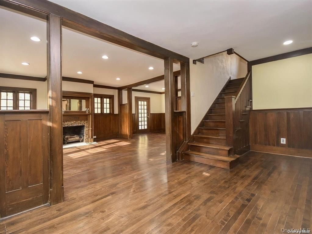 Empty room, Fireplace, Interior, Recessed Lighting, Wood Texture Flooring, Wooden Walls