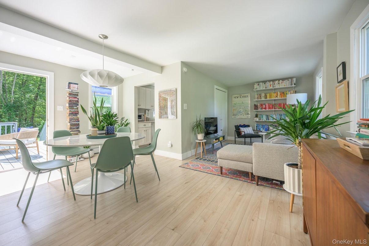 Dining room, Interior, Living room, Pendant Lights, Wood Texture Flooring