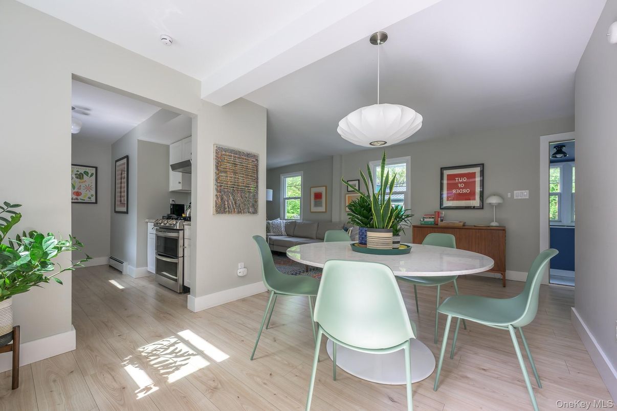 Dining room, Interior, Pendant Lights, Wood Texture Flooring