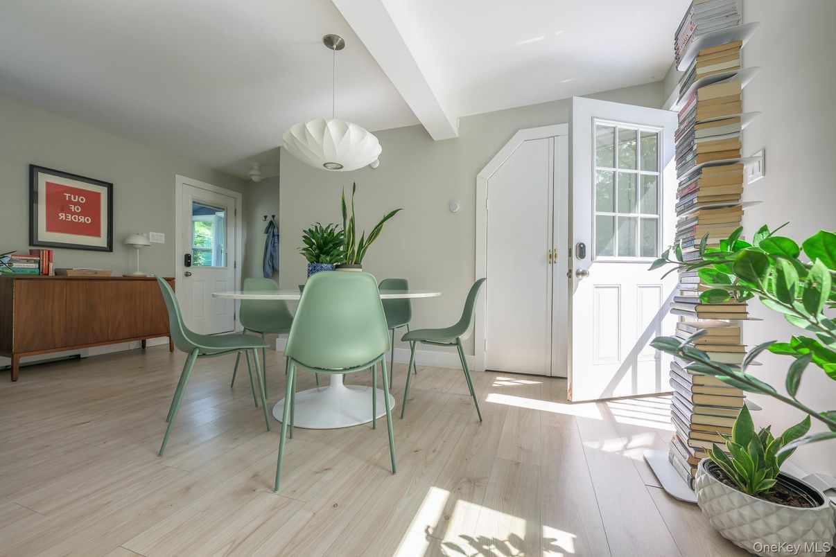 Dining room, Interior, Pendant Lights, Wood Texture Flooring