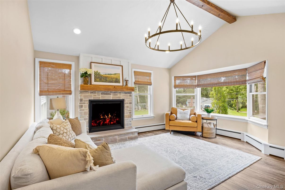 Chandelier, Fireplace, Interior, Living room, Recessed Lighting, Wooden Beams, Wood Texture Flooring