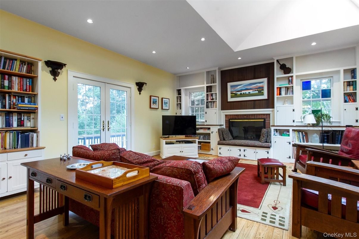 Fireplace, Home Office, Interior, Living room, Recessed Lighting, Wood Texture Flooring