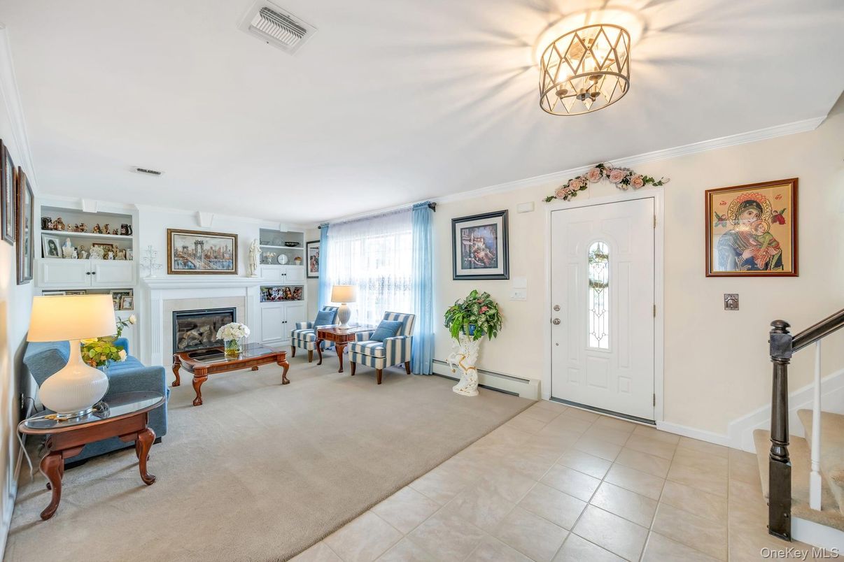Chandelier, Fireplace, Interior
