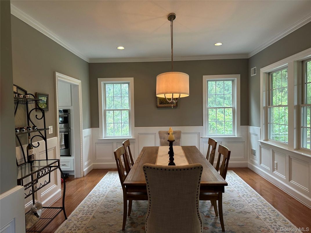 Dining room, Interior, Pendant Lights, Recessed Lighting, Wood Texture Flooring