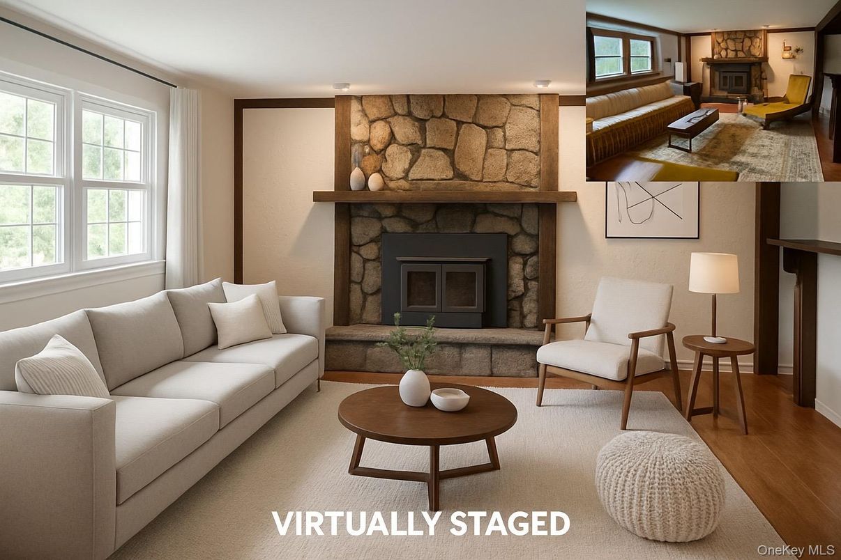Fireplace, Interior, Living room, Recessed Lighting, Stone Walls, Wood Texture Flooring