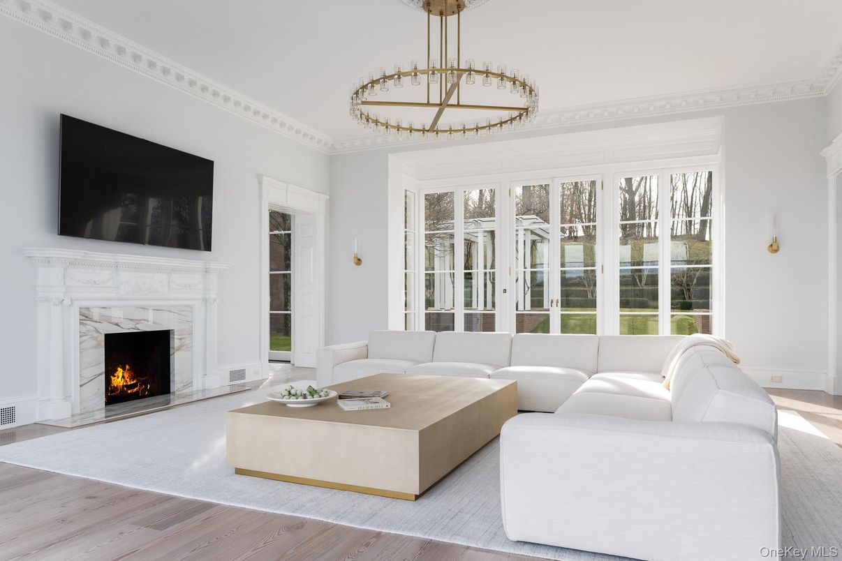 Fireplace, Interior, Living room, Pendant Lights, Wood Texture Flooring