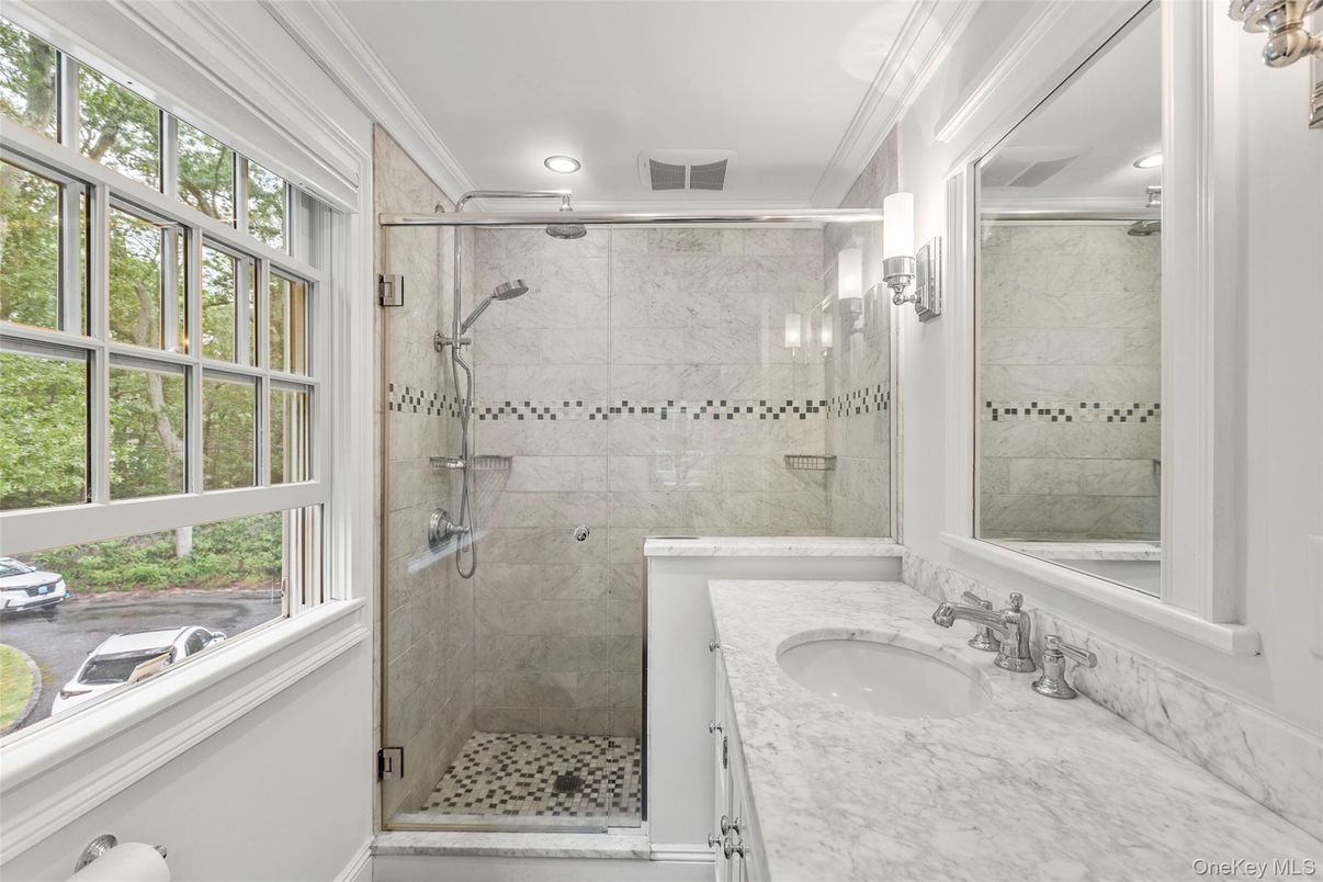 Bathroom, Glass Shower, Interior, Marble Walls, Recessed Lighting