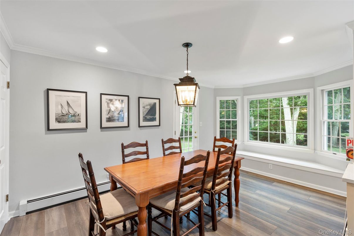 Dining room, Interior, Pendant Lights, Recessed Lighting, Wood Texture Flooring