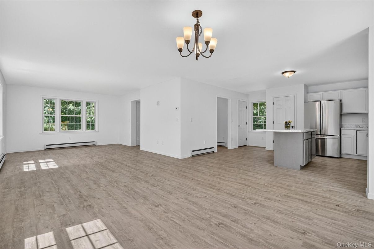 Chandelier, Empty room, Interior, Kitchen, Stainless Steel Appliances, Wood Texture Flooring