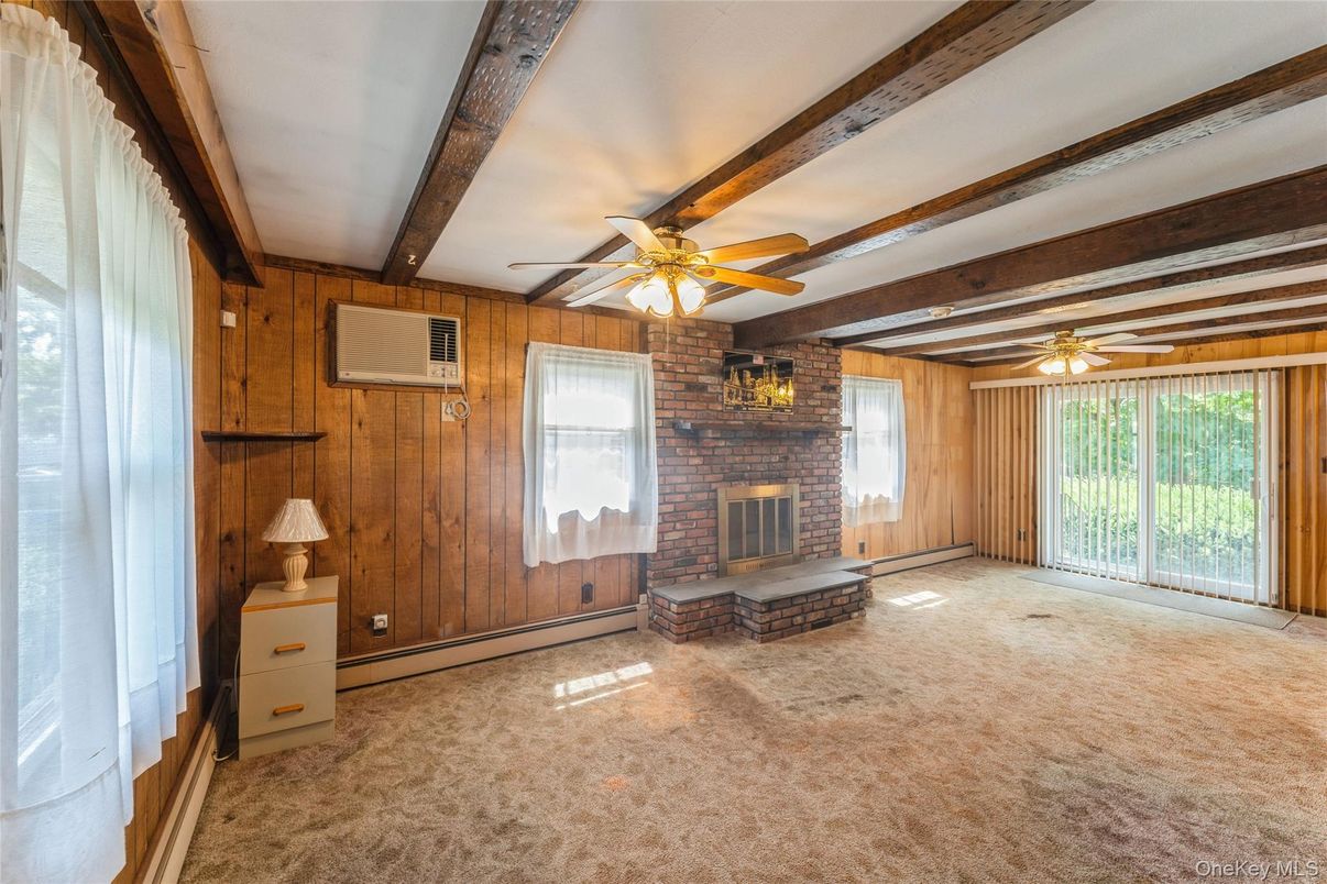 Empty room, Fireplace, Interior, Stone Walls, Wooden Beams, Wooden Walls