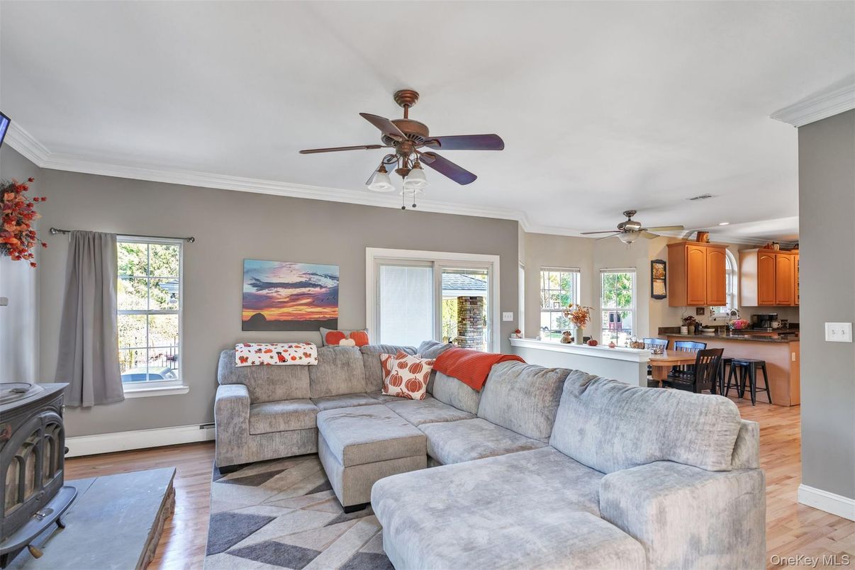 Fireplace, Interior, Kitchen, Living room, Wood Texture Flooring