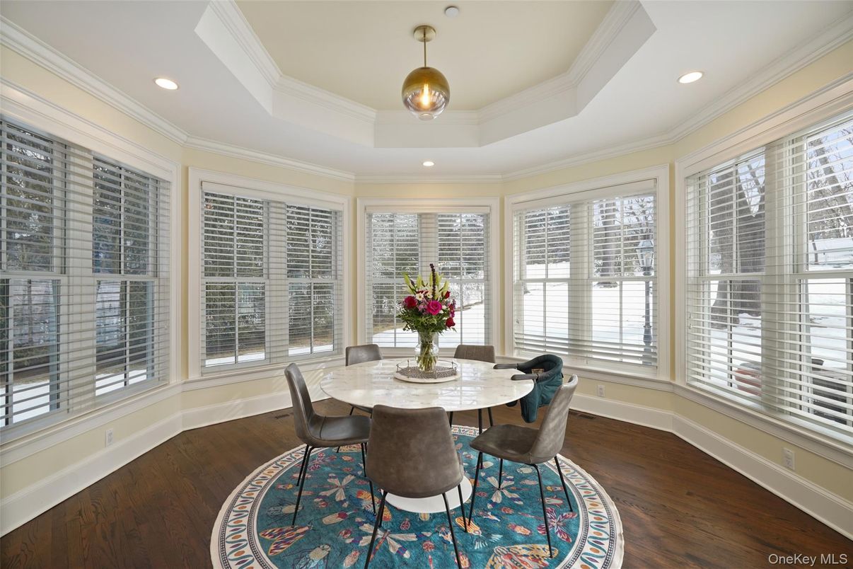 Dining room, Interior, Recessed Lighting, Wood Texture Flooring