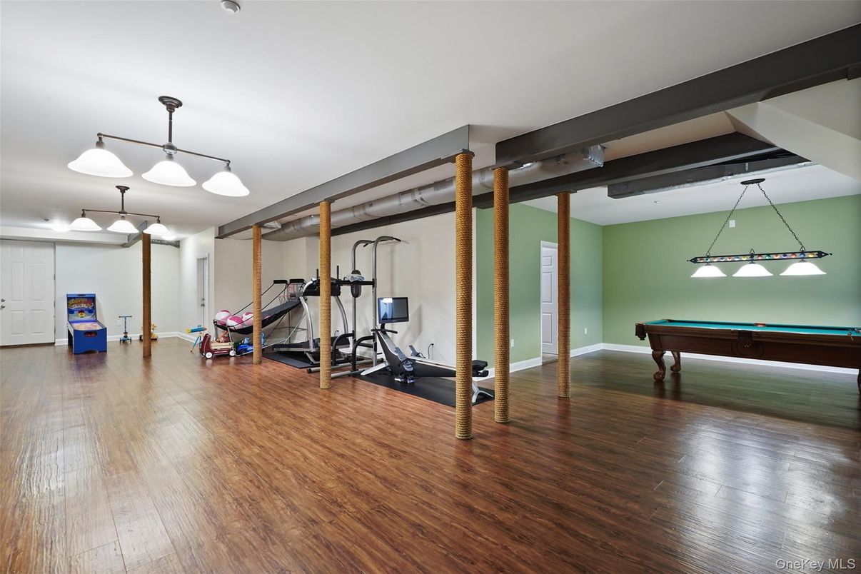 Billiard Table, Fitness Equipment, Game Room, Interior, Pendant Lights, Wood Texture Flooring
