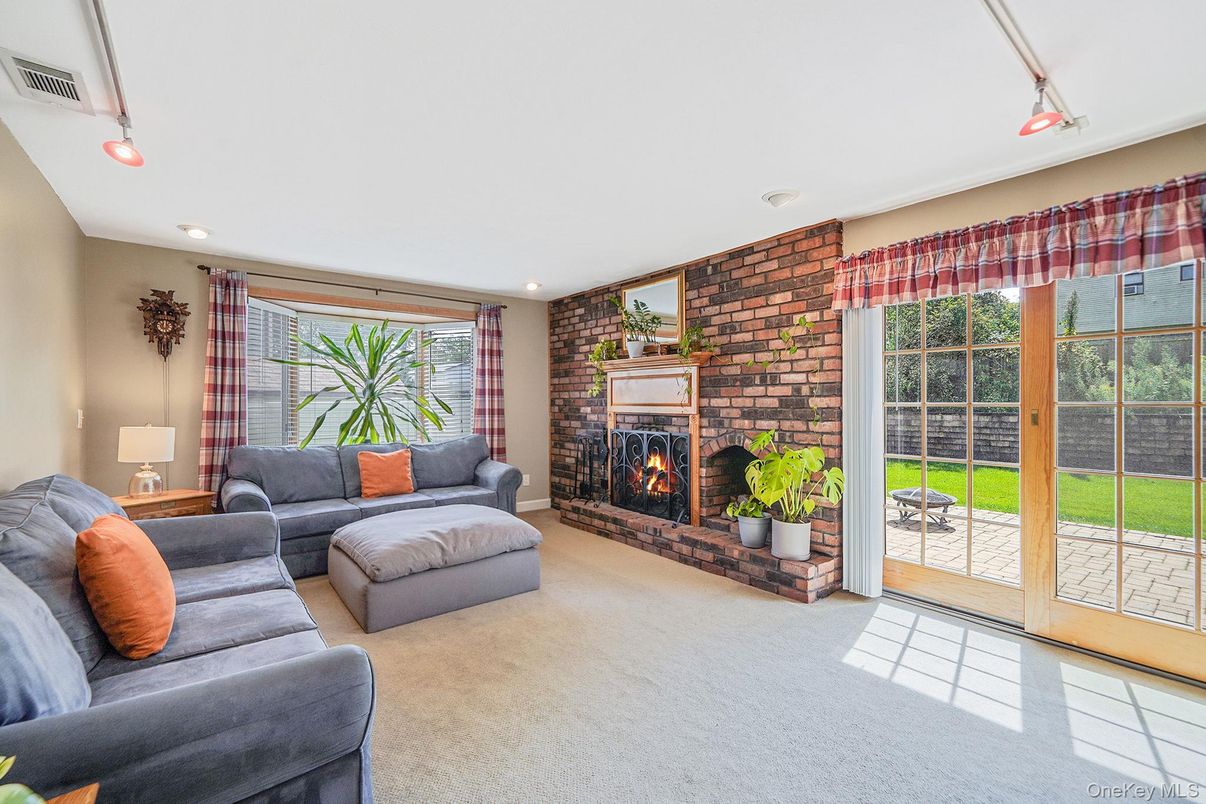 Fireplace, Interior, Living room, Recessed Lighting, Stone Walls