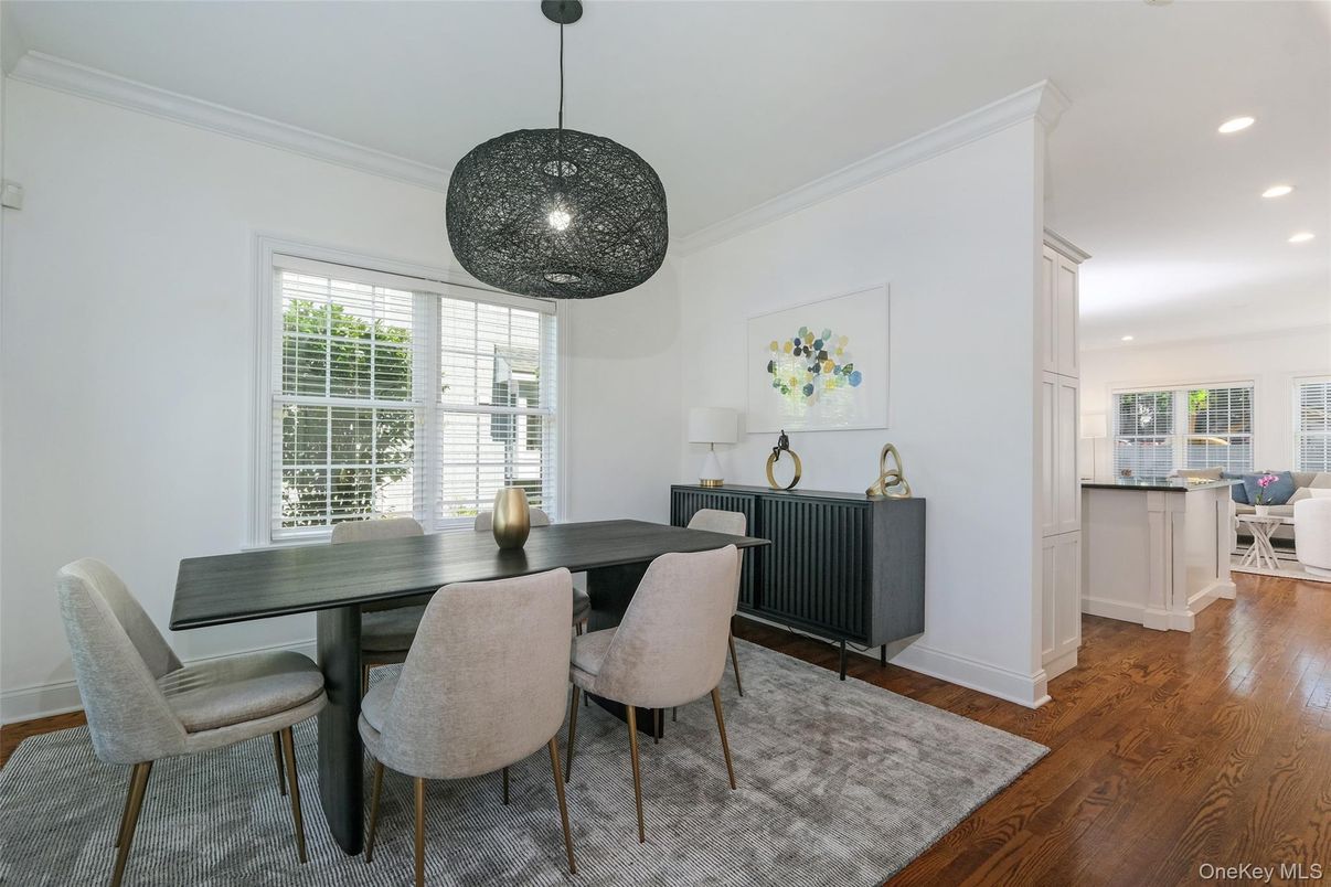 Dining room, Interior, Pendant Lights, Recessed Lighting, Wood Texture Flooring