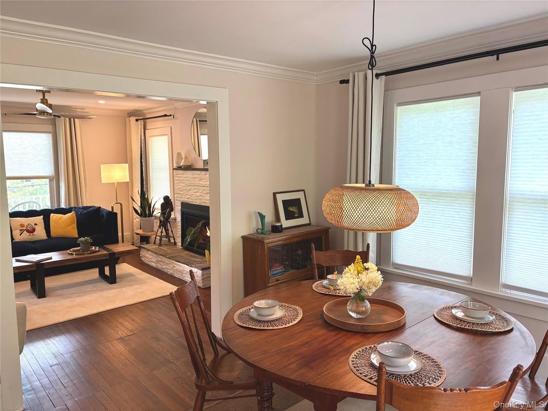 Dining room, Fireplace, Interior, Living room, Pendant Lights, Wood Texture Flooring