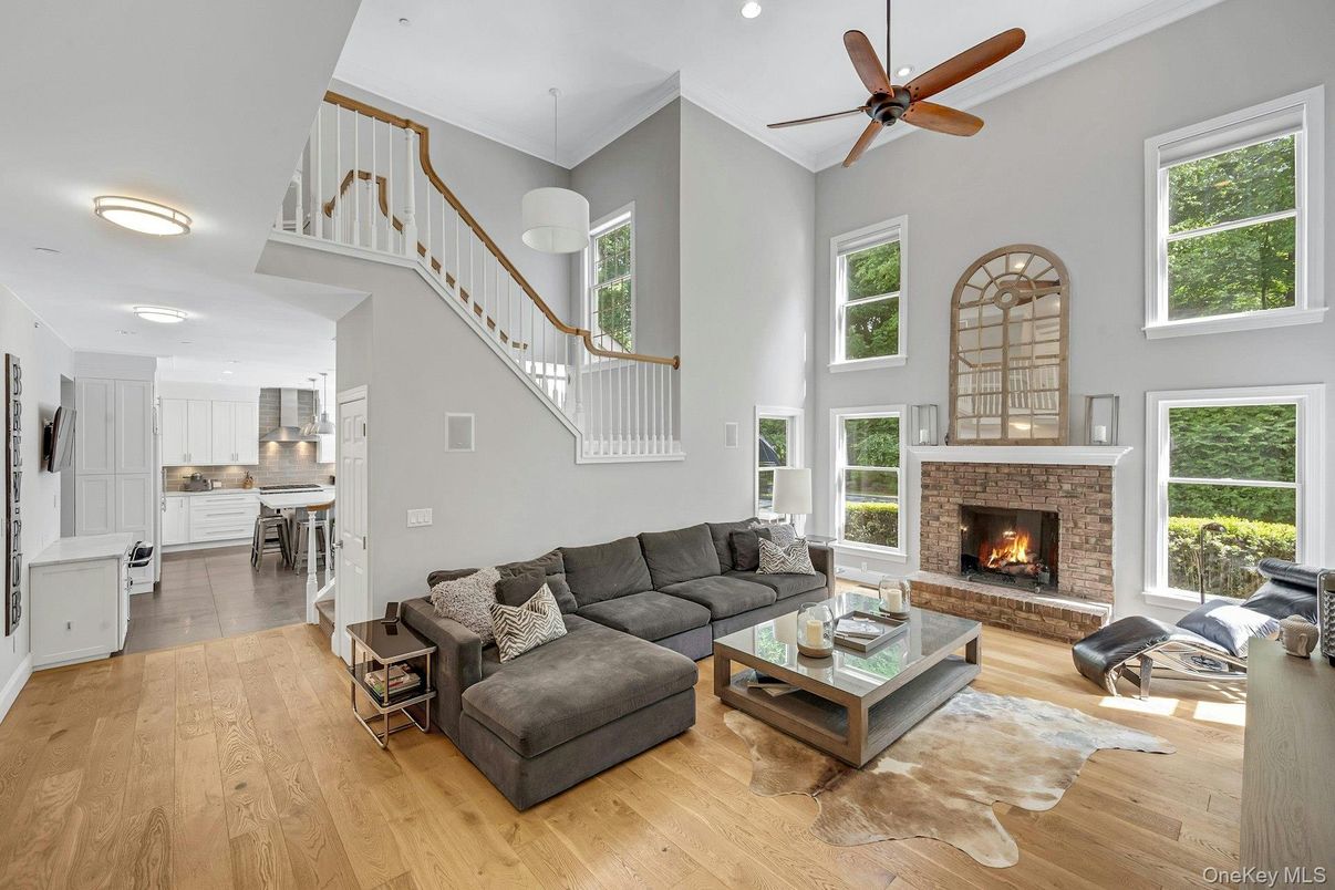 Fireplace, Interior, Kitchen, Living room, Pendant Lights, Recessed Lighting, Wood Texture Flooring