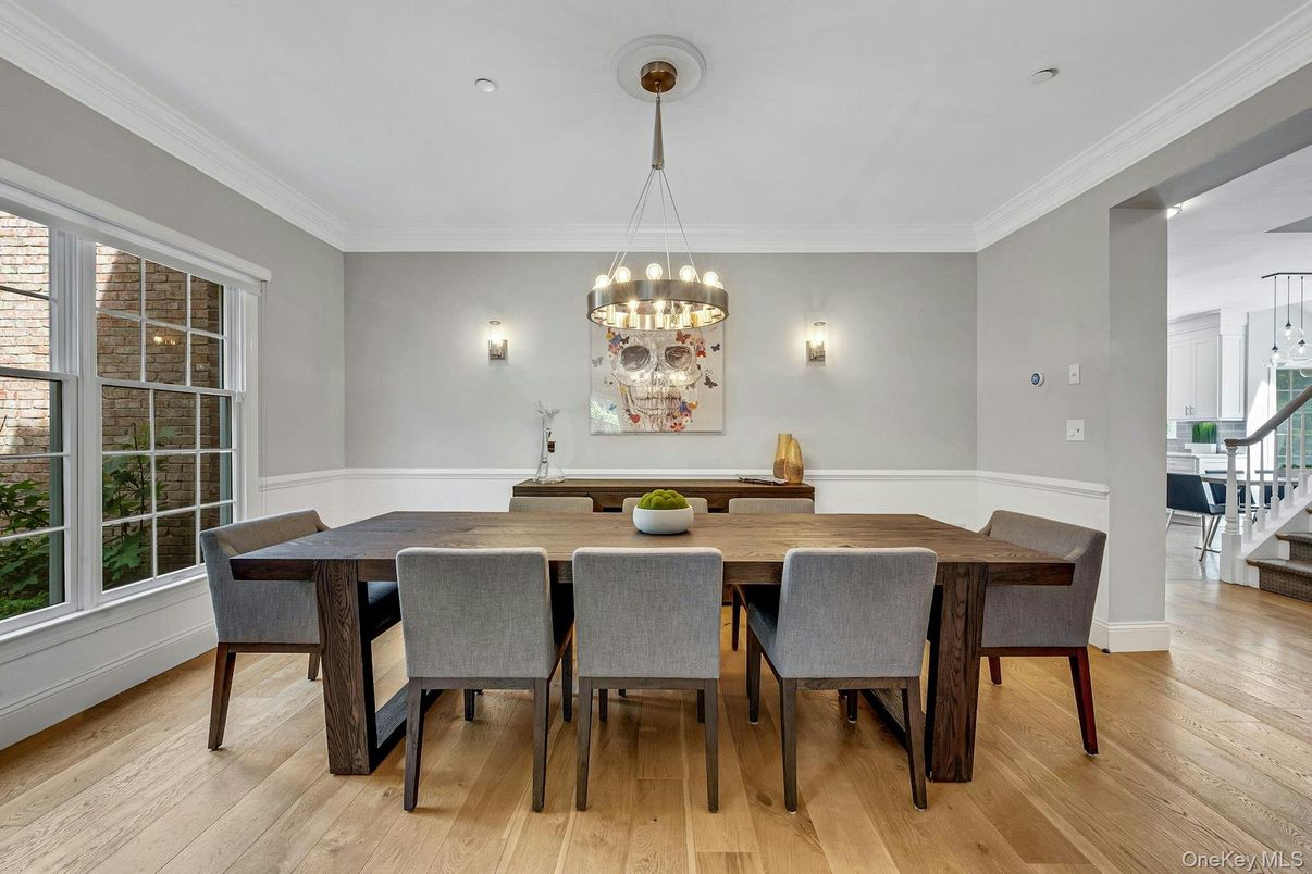 Dining room, Interior, Pendant Lights, Recessed Lighting, Wood Texture Flooring