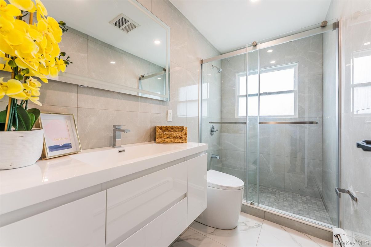 Bathroom, Glass Shower, Interior, Marble, Recessed Lighting