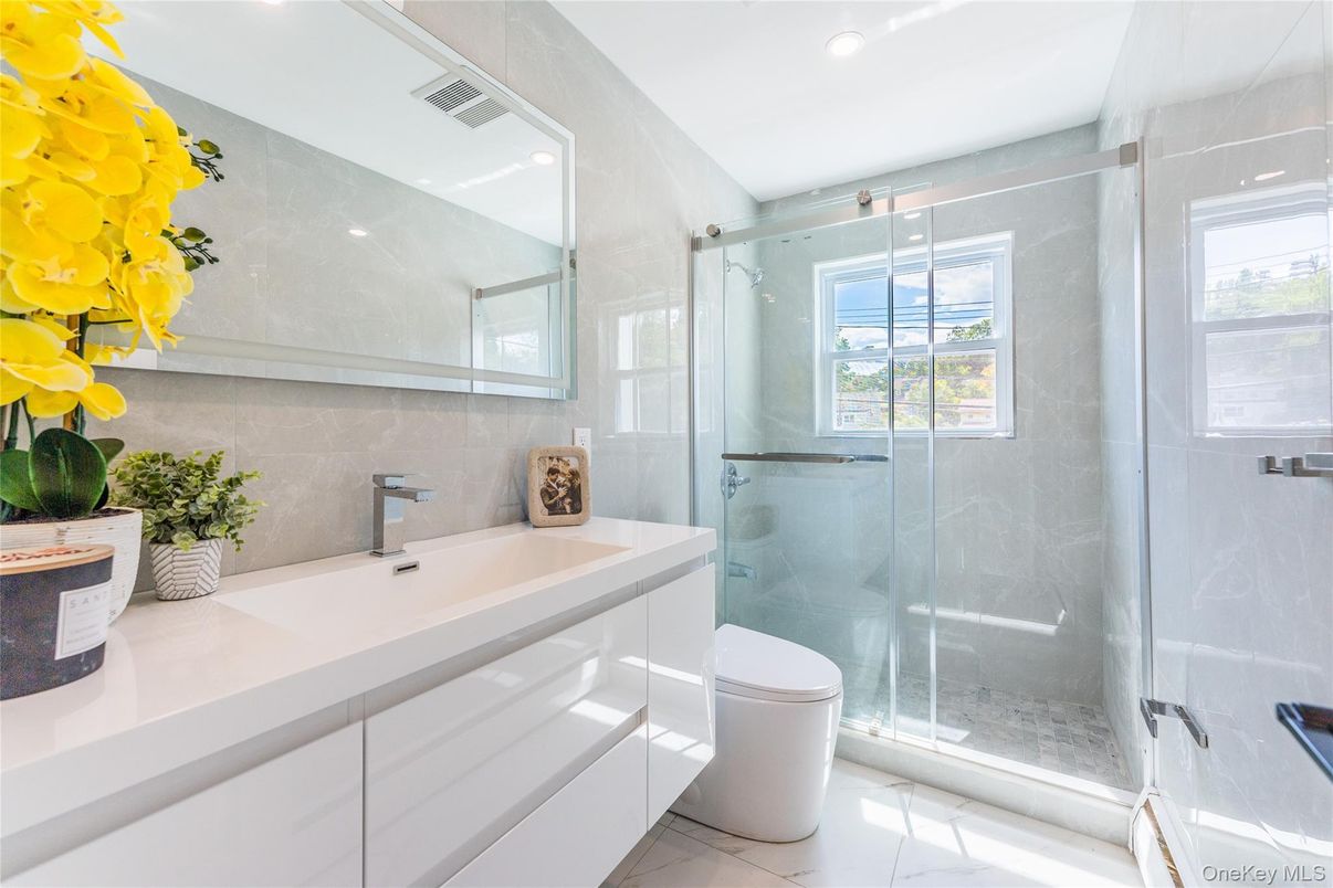 Bathroom, Glass Shower, Interior, Marble, Recessed Lighting