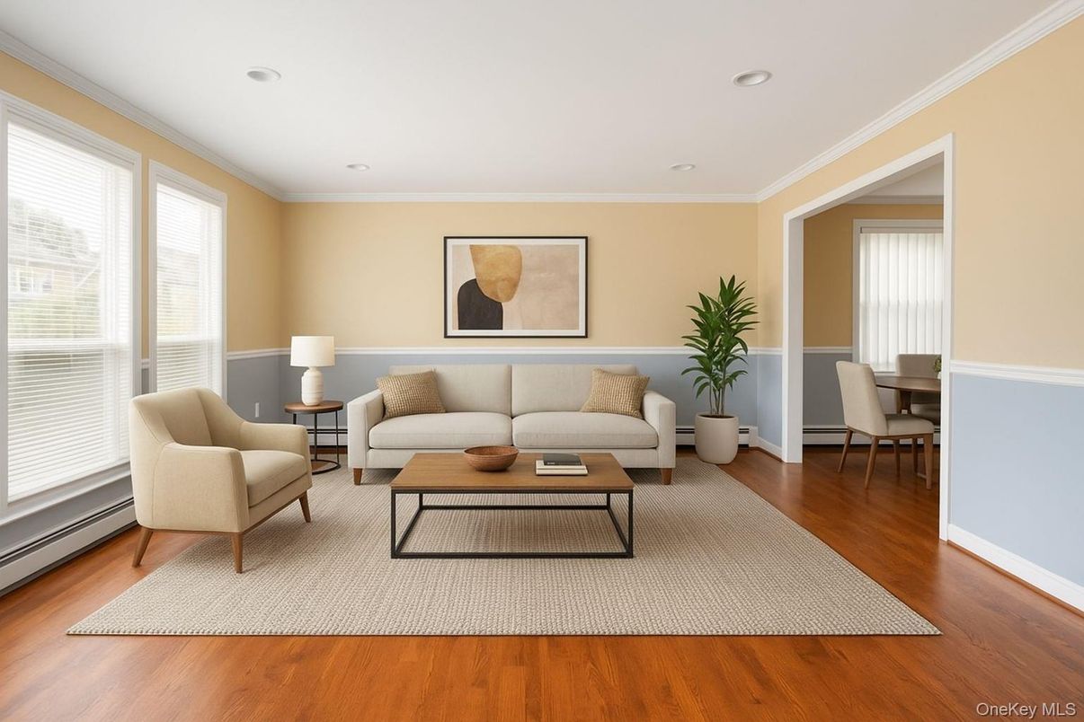 Dining room, Interior, Living room, Recessed Lighting, Wood Texture Flooring