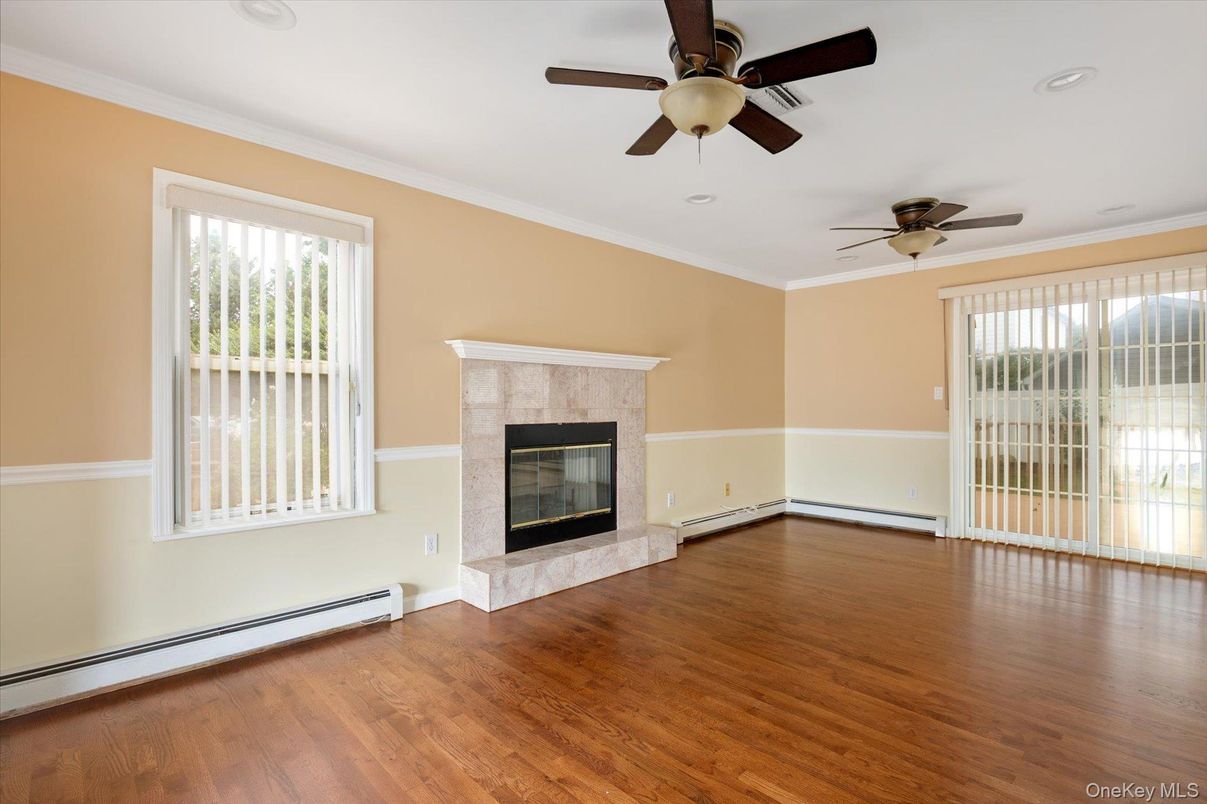 Empty room, Fireplace, Interior, Recessed Lighting, Wood Texture Flooring