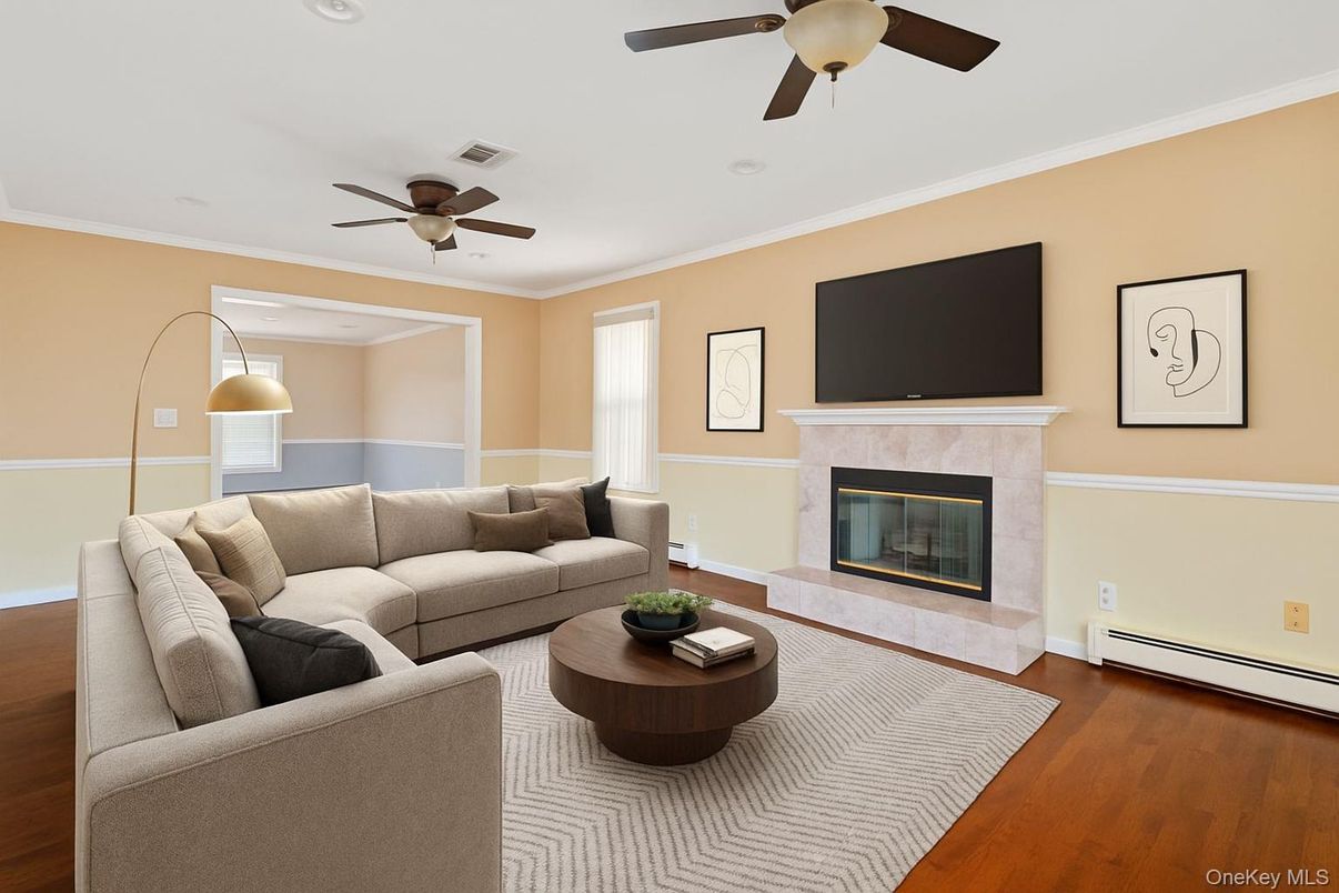 Fireplace, Interior, Living room, Recessed Lighting, Wood Texture Flooring