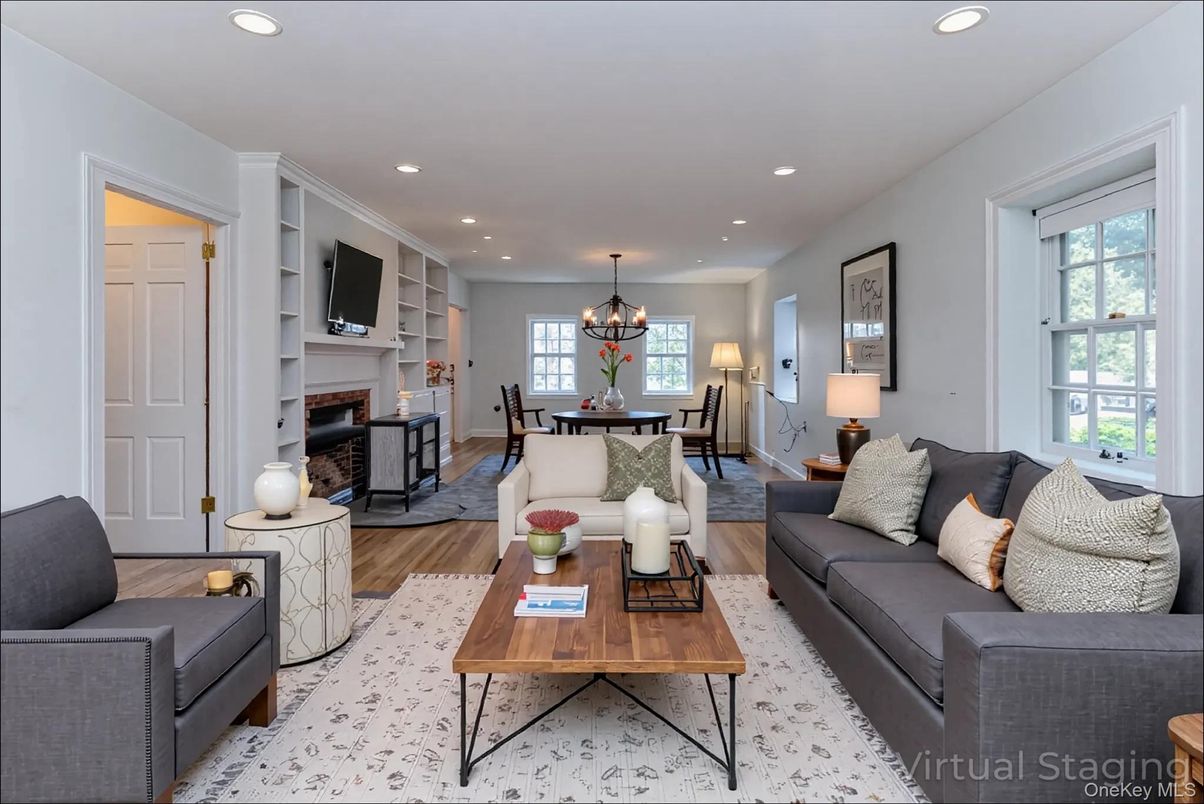 Chandelier, Dining room, Fireplace, Interior, Living room, Recessed Lighting, Wood Texture Flooring
