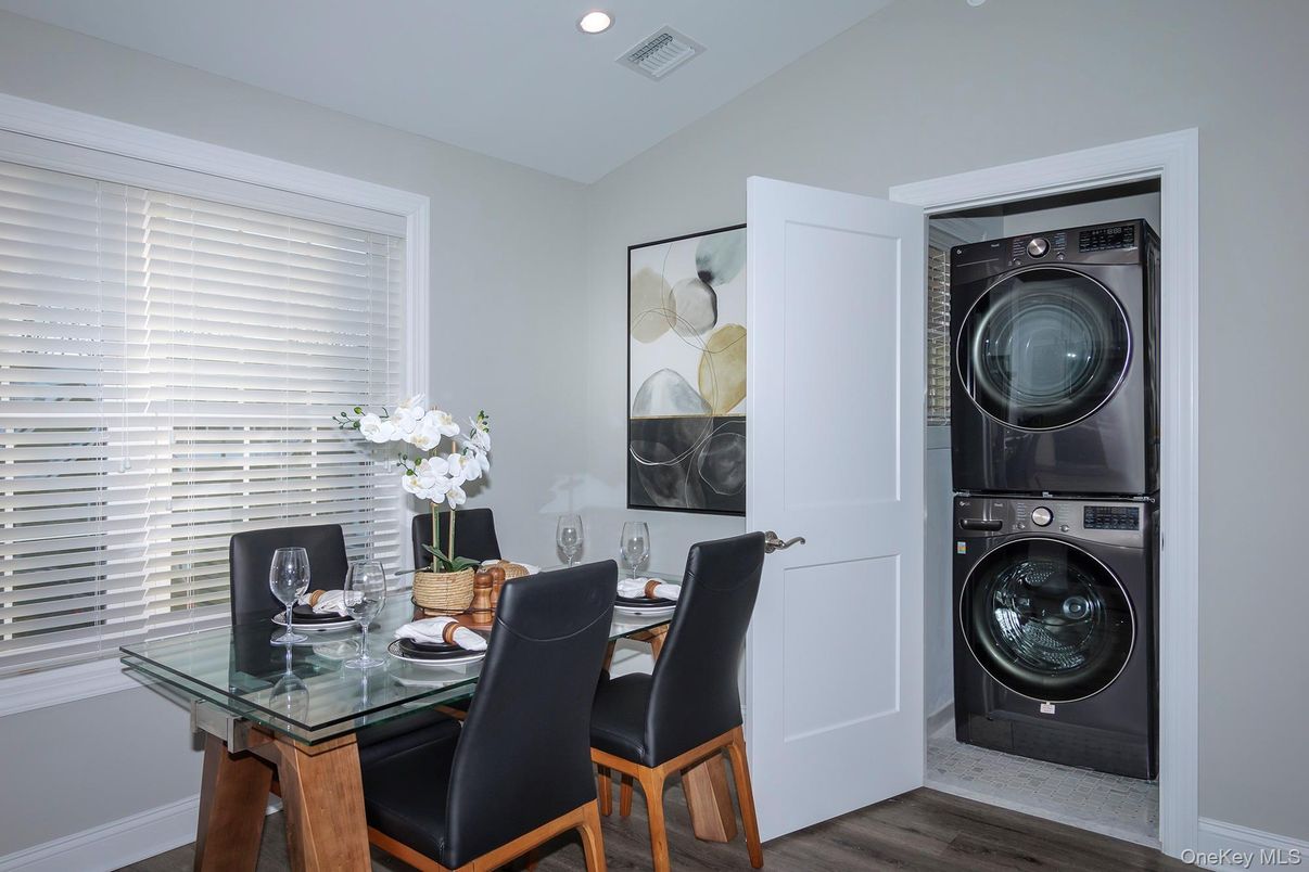 Dining room, Interior, Recessed Lighting, Utility Closets, Washer, Wood Texture Flooring