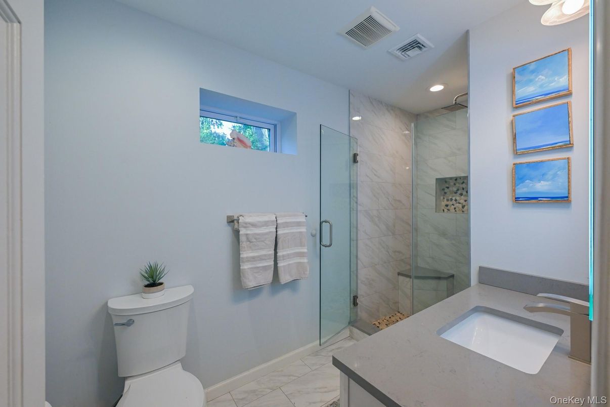Bathroom, Glass Shower, Interior, Marble, Marble Walls, Recessed Lighting