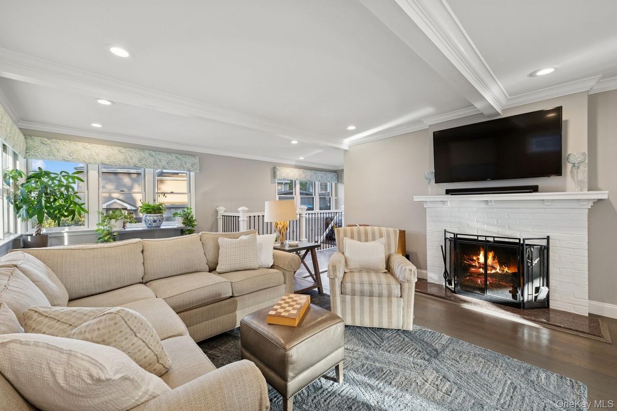 Fireplace, Interior, Living room, Recessed Lighting, Wood Texture Flooring