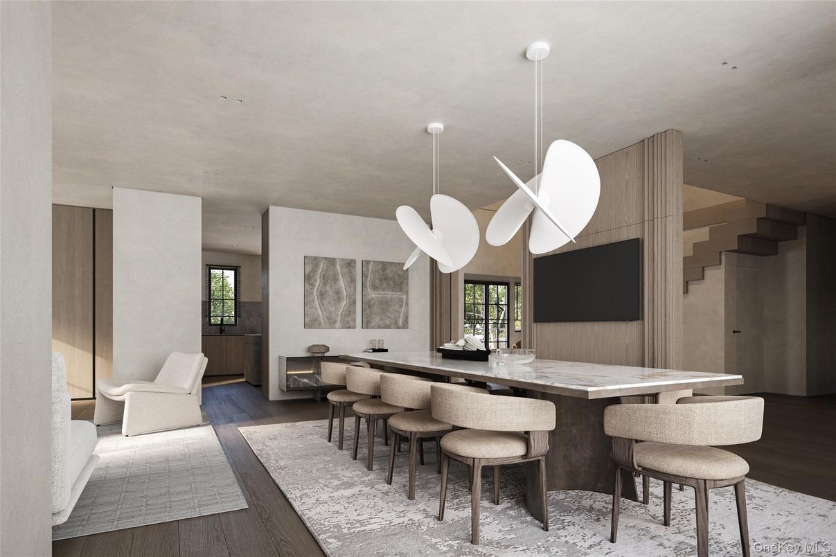 Dining room, Fireplace, Interior, Pendant Lights, Wood Texture Flooring