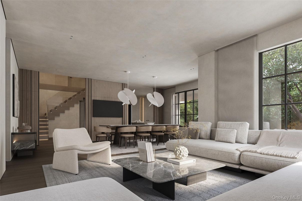 Dining room, Interior, Living room, Pendant Lights, Wood Texture Flooring