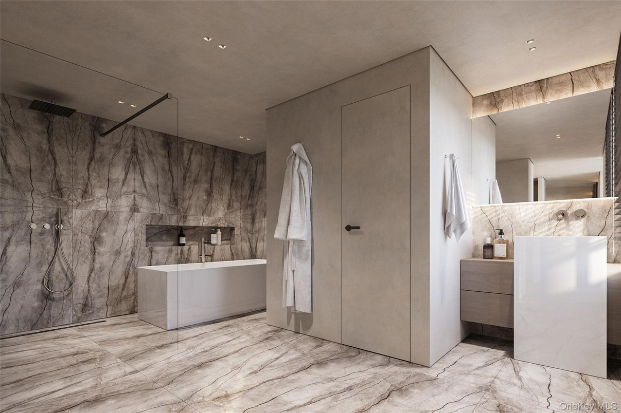 Bathroom, Free Standing Baths, Interior, Marble, Marble Walls, Recessed Lighting