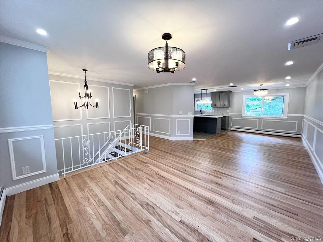 Chandelier, Empty room, Interior, Pendant Lights, Recessed Lighting, Wood Texture Flooring