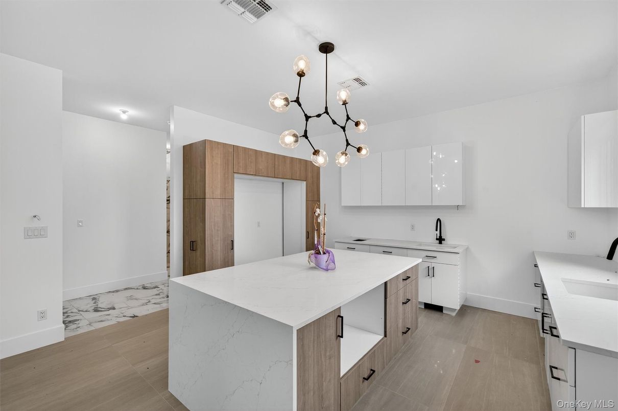 Interior, Kitchen, Marble, Pendant Lights, Wood Texture Flooring